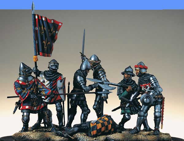 Французский герцог и Знаменосец герцога и Английский пехотинец с алебардой и Английскиц рыцарь 1415 Азенкур.